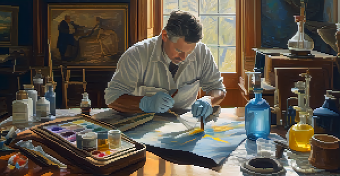 A conservator cleaning an oil painting in a bright studio, surrounded by cleaning tools and sunlight.