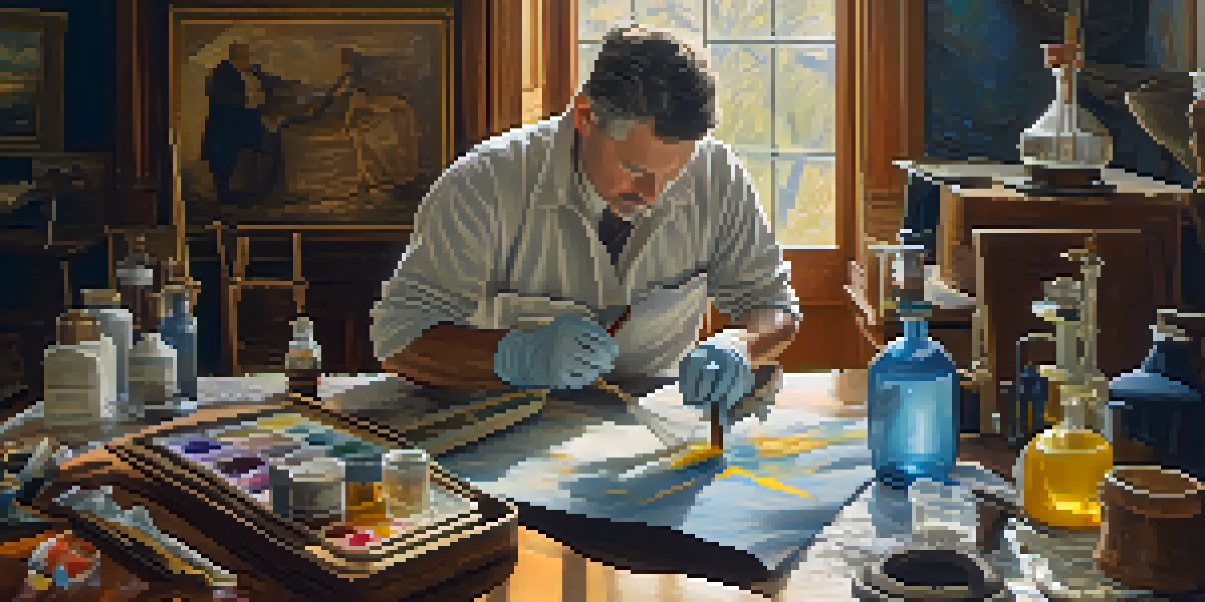 A conservator cleaning an oil painting in a bright studio, surrounded by cleaning tools and sunlight.