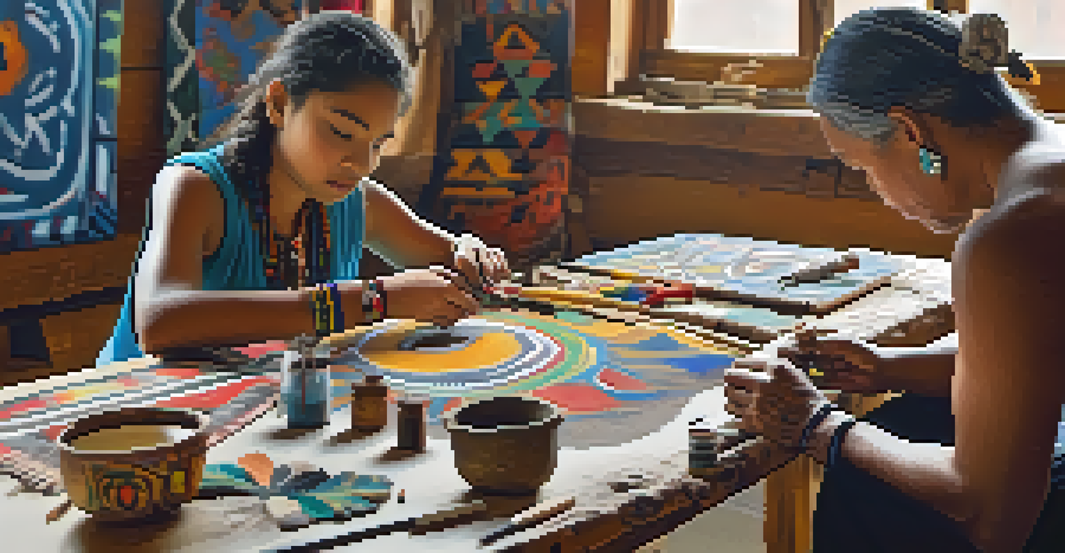 An Indigenous artist teaching body painting techniques in a bright workshop, surrounded by cultural symbols.