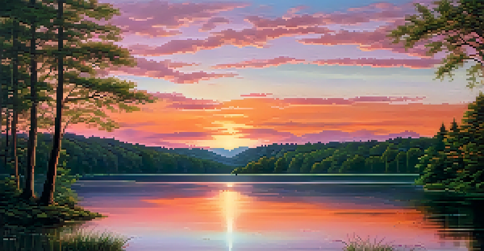 A peaceful lakeside landscape at sunset, with vibrant orange and pink colors reflecting on calm water surrounded by green trees.