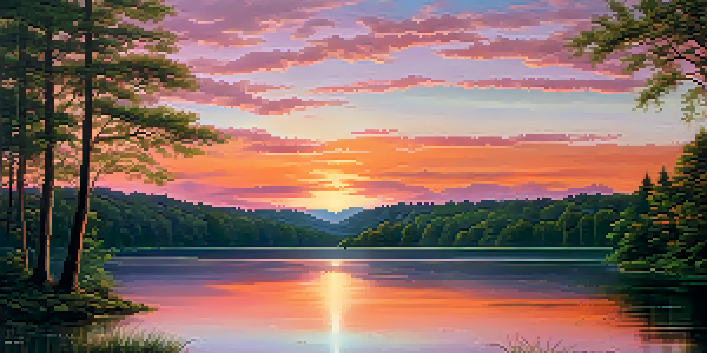 A peaceful lakeside landscape at sunset, with vibrant orange and pink colors reflecting on calm water surrounded by green trees.