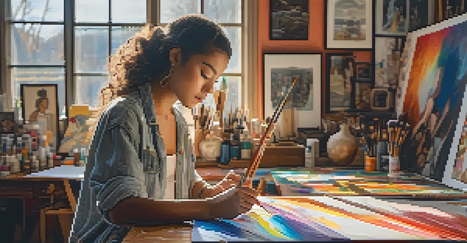 A young artist painting in her studio, surrounded by colorful art supplies and sunlight filtering through the window.