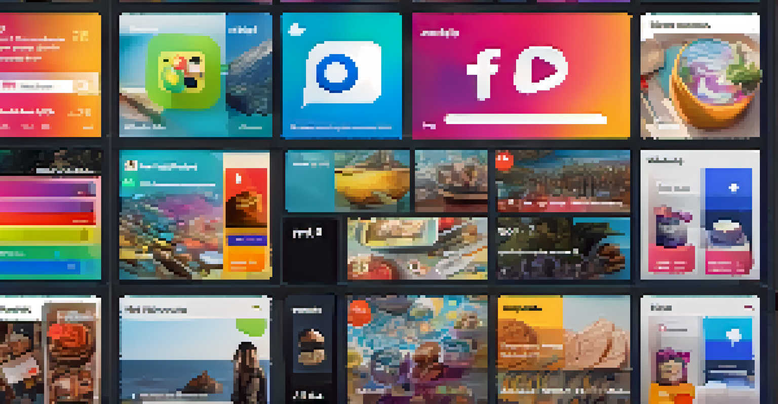 A digital dashboard filled with colorful artworks and social media interactions.