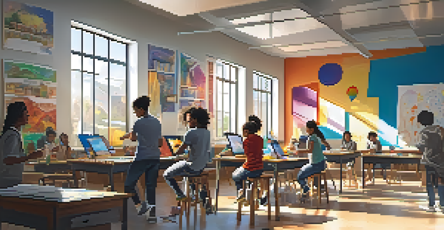 Students from diverse backgrounds collaborating on a multimedia art project in a sunlit classroom.