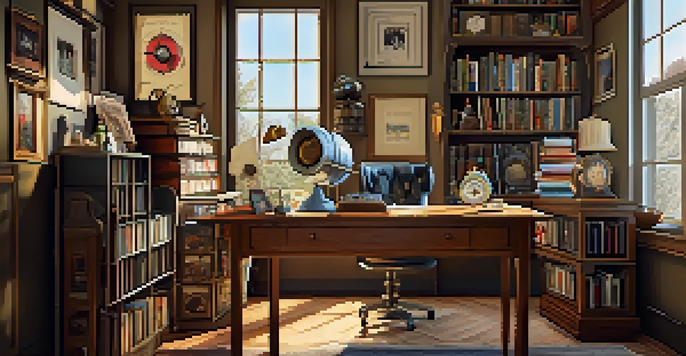 A cozy home office filled with vintage collectibles like vinyl records and antique clocks, illuminated by soft natural light.
