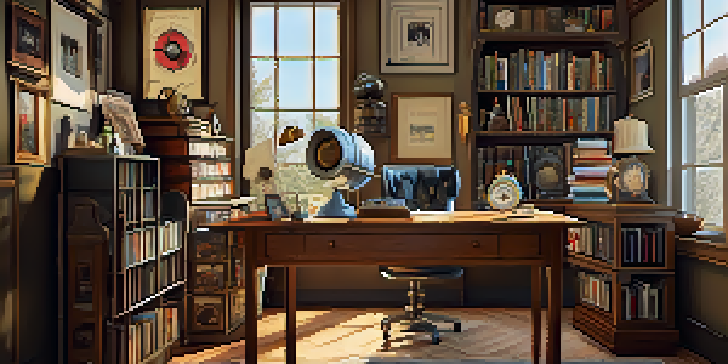 A cozy home office filled with vintage collectibles like vinyl records and antique clocks, illuminated by soft natural light.