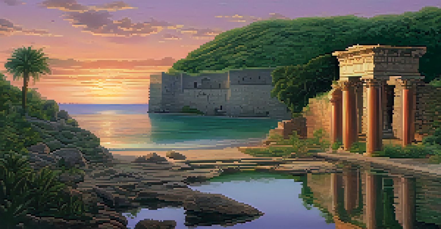 A coastal heritage site with ancient ruins threatened by rising waters at sunset, with conservators in the background.