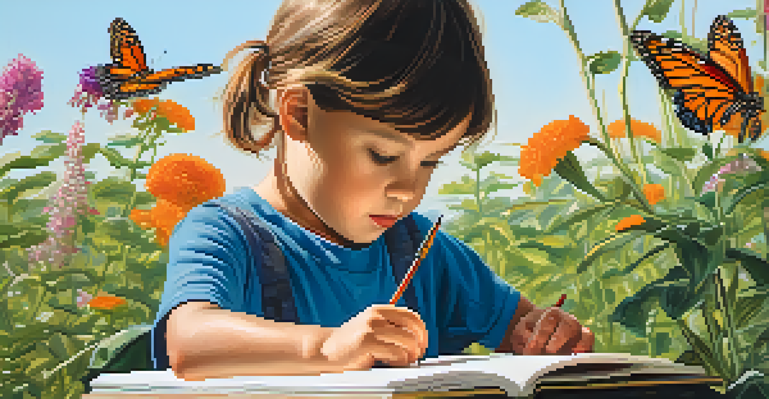A child watching a butterfly on a flower, with a sketchbook beside them, showcasing the beauty of nature.