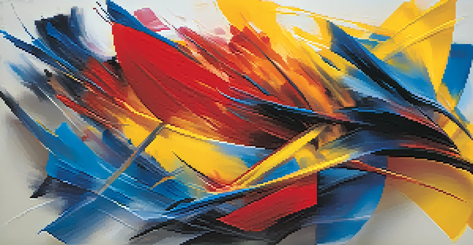 An abstract artwork with bold blue, yellow, and red brush strokes against a soft gradient background, showcasing a vibrant triadic color scheme.