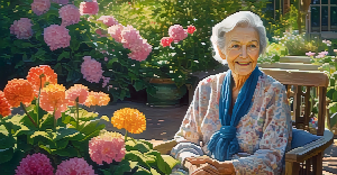 A serene portrait of an elderly woman smiling in a sunlit garden filled with colorful flowers.
