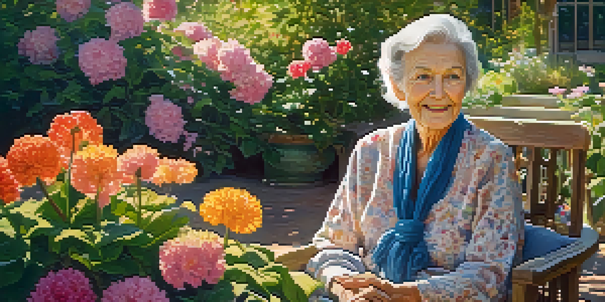 A serene portrait of an elderly woman smiling in a sunlit garden filled with colorful flowers.