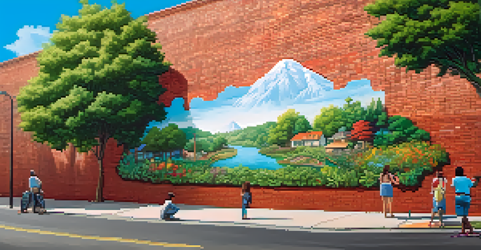 A colorful mural showcasing nature's beauty alongside pollution, with community members painting together.