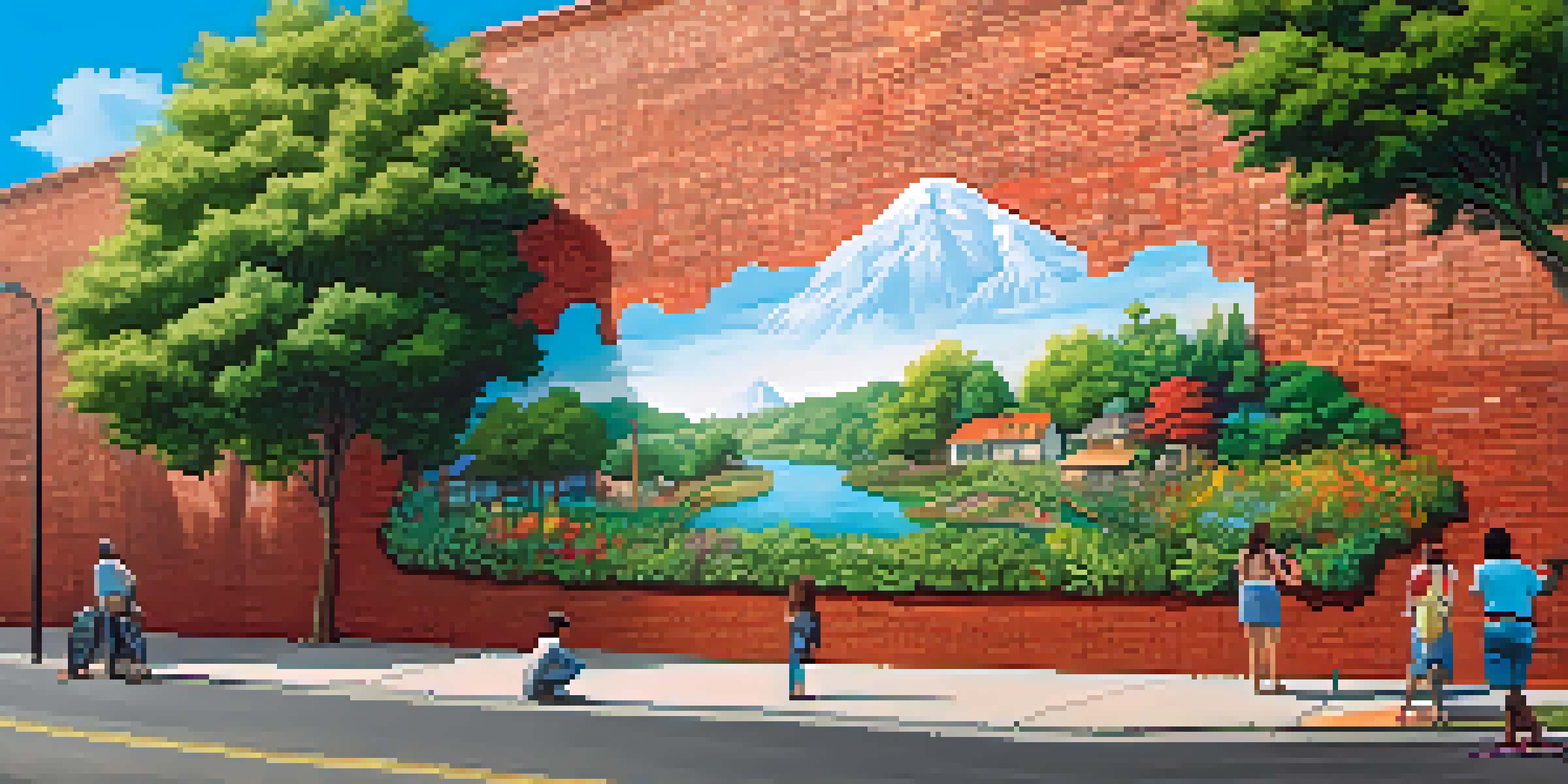 A colorful mural showcasing nature's beauty alongside pollution, with community members painting together.