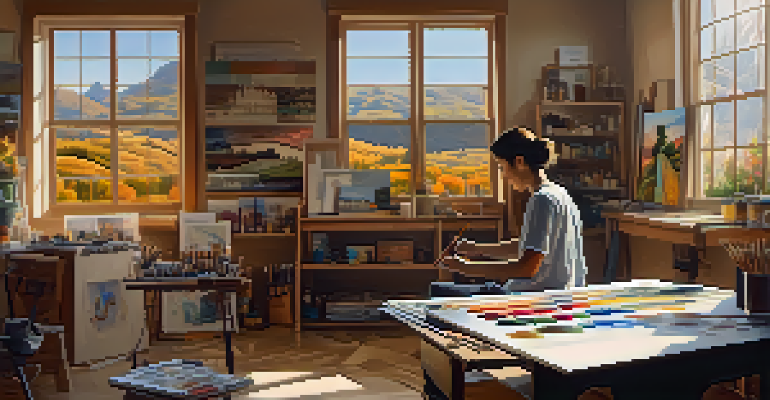 An artist in a bright studio, painting a landscape that combines elements from various cultures, with canvases and tools around.