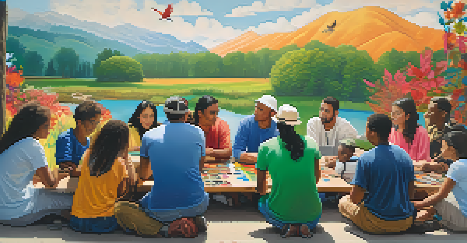 A group of diverse artists collaborating on a large mural outdoors, sharing ideas and showcasing vibrant cultural symbols.