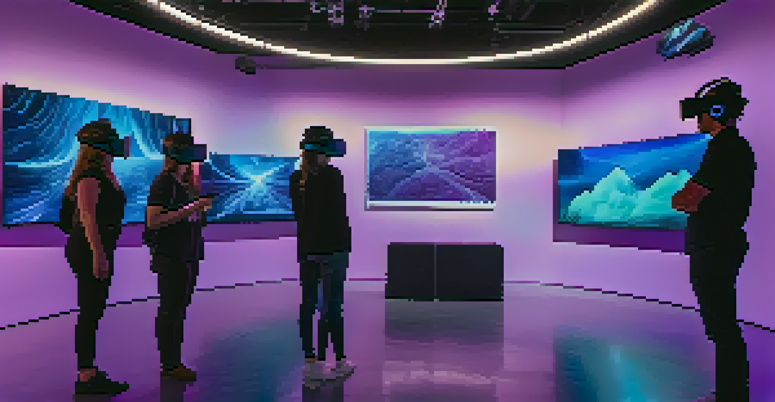 A digital art exhibition with attendees using virtual reality headsets to explore immersive artworks.
