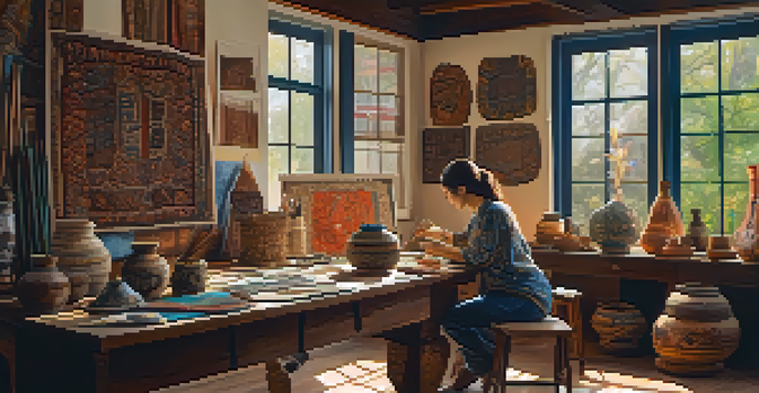 An artist in a colorful studio surrounded by various cultural artifacts, sketching at a table with warm light illuminating the room.