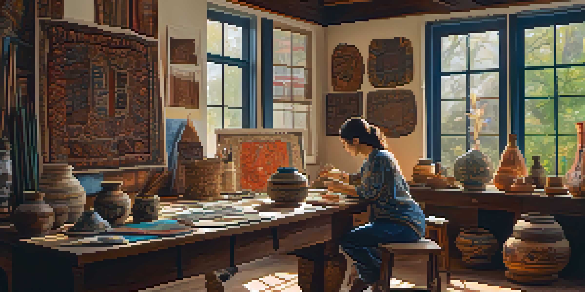 An artist in a colorful studio surrounded by various cultural artifacts, sketching at a table with warm light illuminating the room.