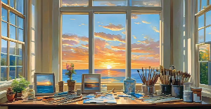 A bright artist's studio featuring an easel with an unfinished sunset painting, colorful brushes on a wooden table, and framed artworks on the walls.