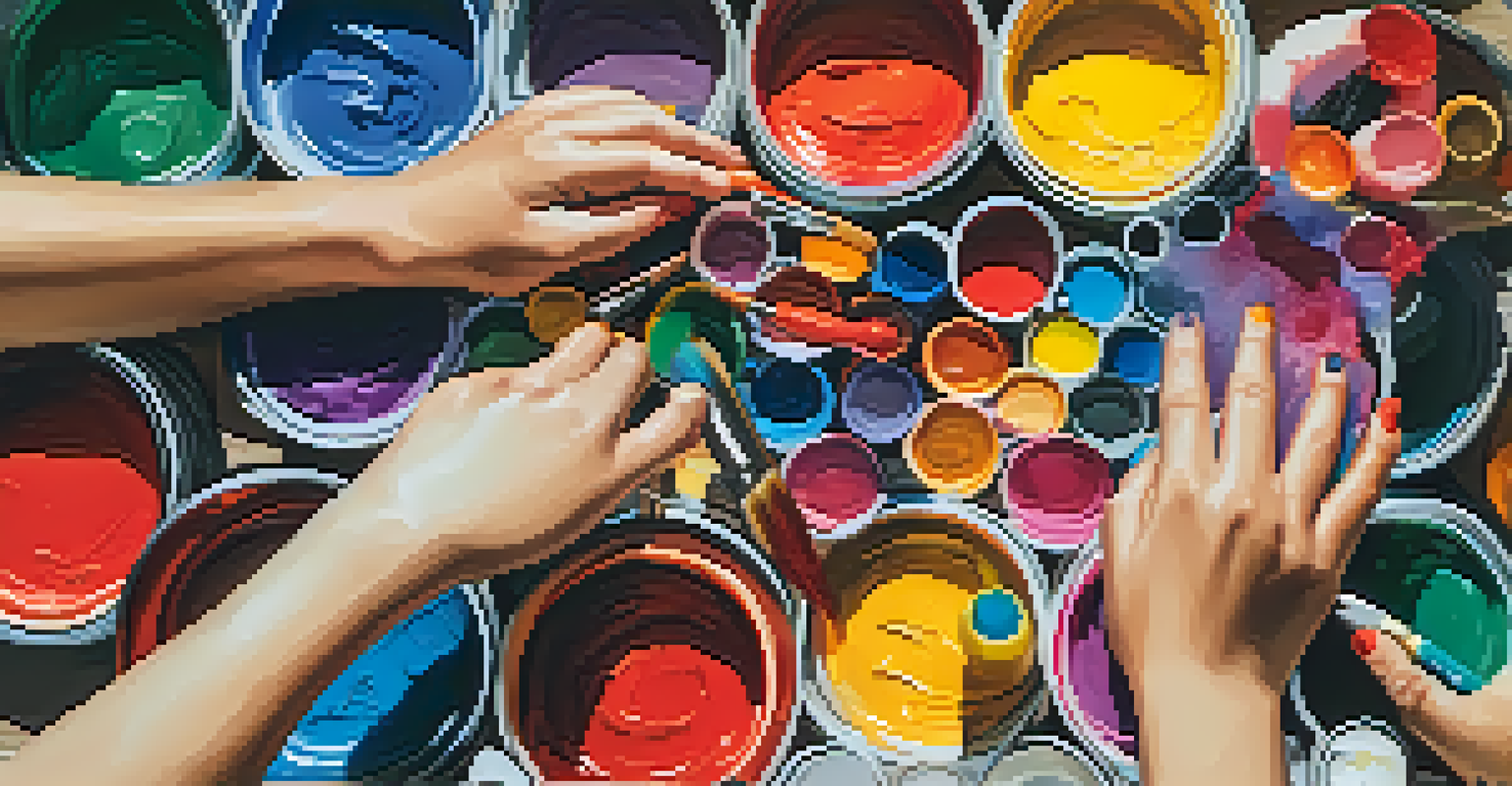 A close-up of hands engaged in mixed media art creation, with colorful paint and art supplies in the background.