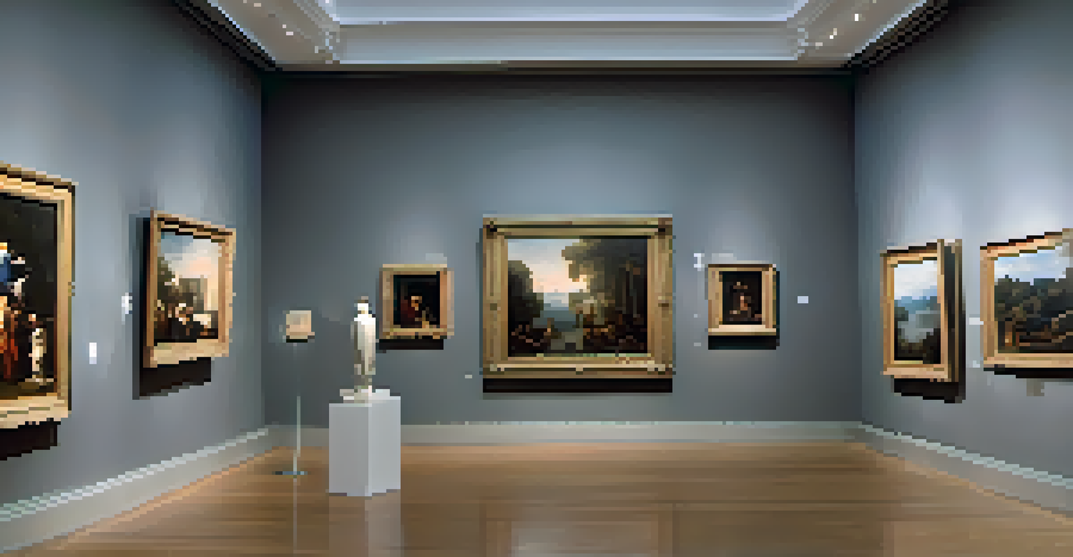 A gallery showing a restored painting alongside its damaged version, with visitors admiring the artworks.