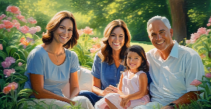 A family portrait in a sunlit garden, featuring diverse family members surrounded by flowers, evoking warmth and cherished memories.