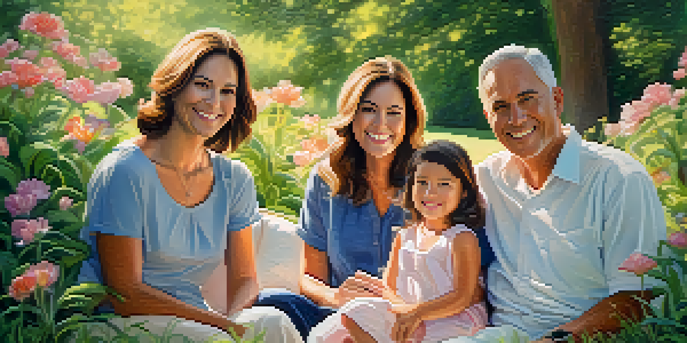 A family portrait in a sunlit garden, featuring diverse family members surrounded by flowers, evoking warmth and cherished memories.