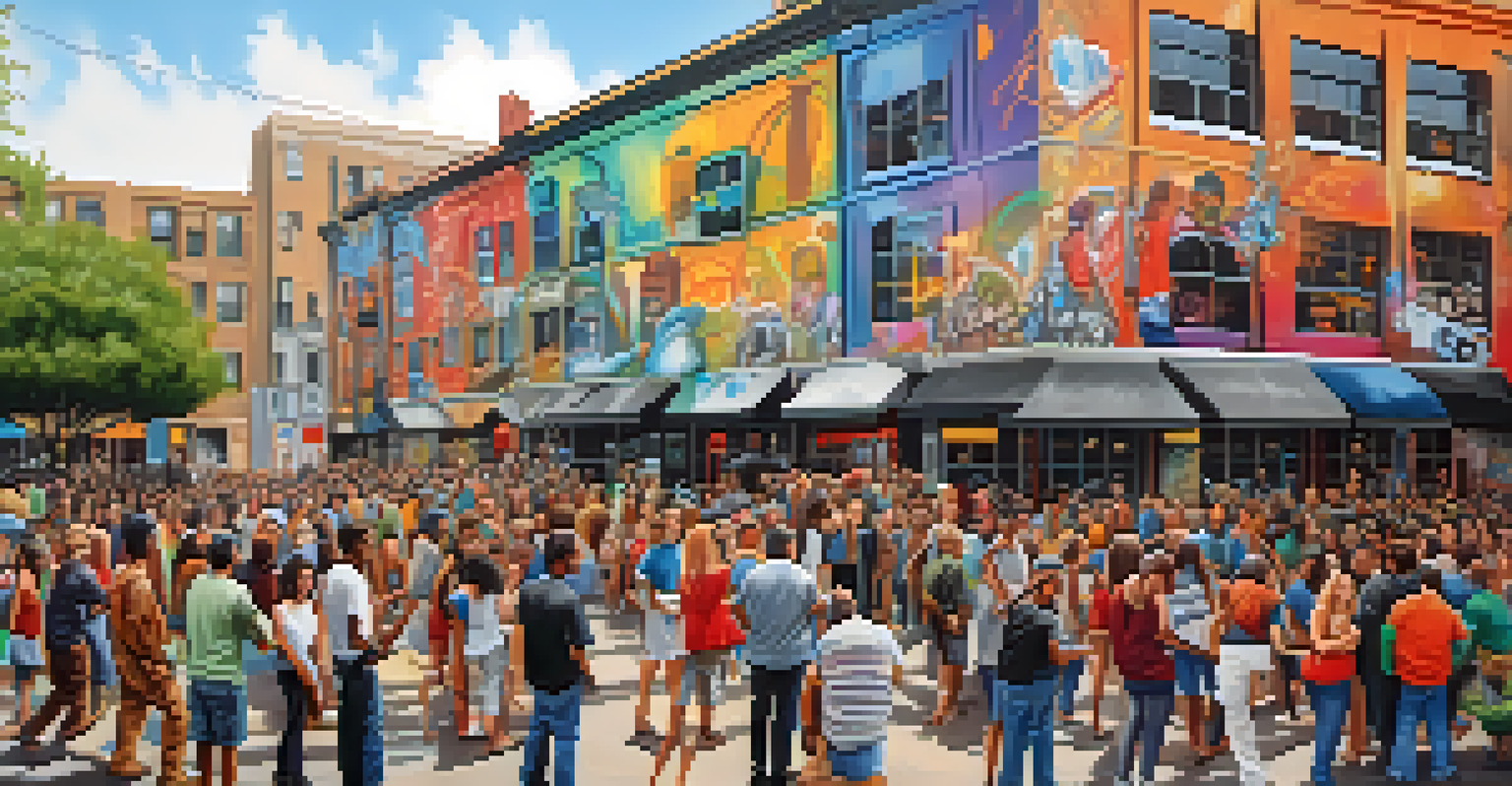 Several artists collaborating on a large mural in an urban setting, with spectators watching and enjoying the vibrant artwork.