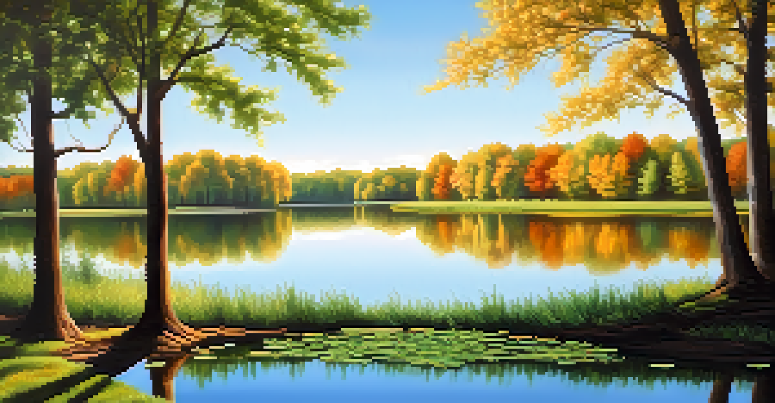 A peaceful lake surrounded by green trees with a clear blue sky, reflecting the colors of nature.