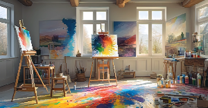 An art studio with colorful paint splatters, art supplies, and a canvas of a serene landscape, illuminated by sunlight.