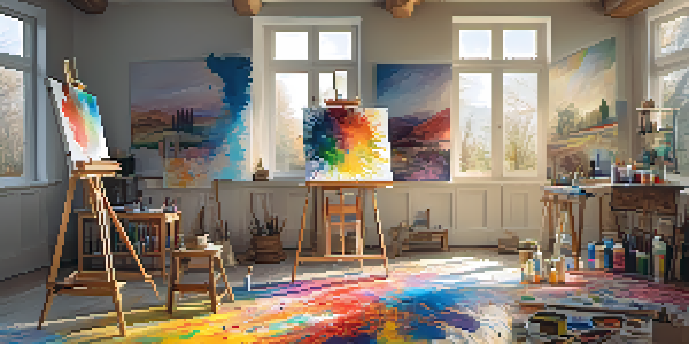 An art studio with colorful paint splatters, art supplies, and a canvas of a serene landscape, illuminated by sunlight.