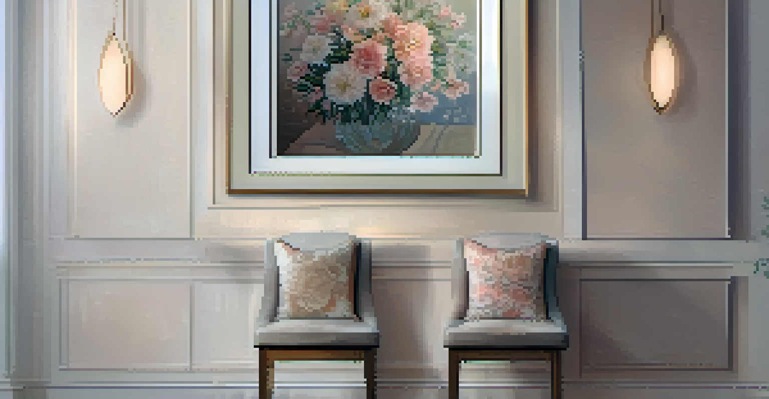 A small painting of intricate floral patterns in pastel colors, illuminated by warm gallery lighting.