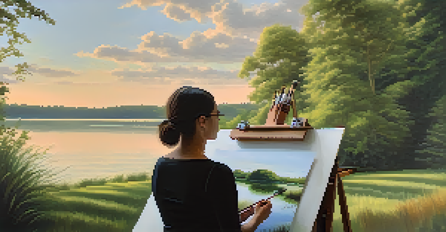 An artist painting a tranquil landscape scene with a calm lake and soft pastel skies, illuminated by warm afternoon light.