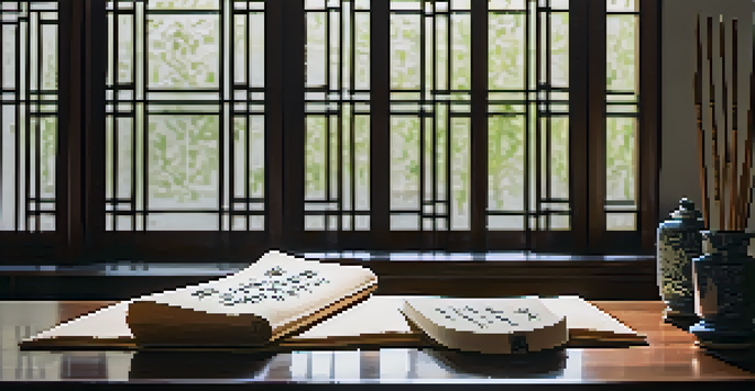 A serene workspace with a Chinese calligraphy setup, including a scroll with brush strokes, an ink stone, and a bamboo brush, illuminated by natural light.