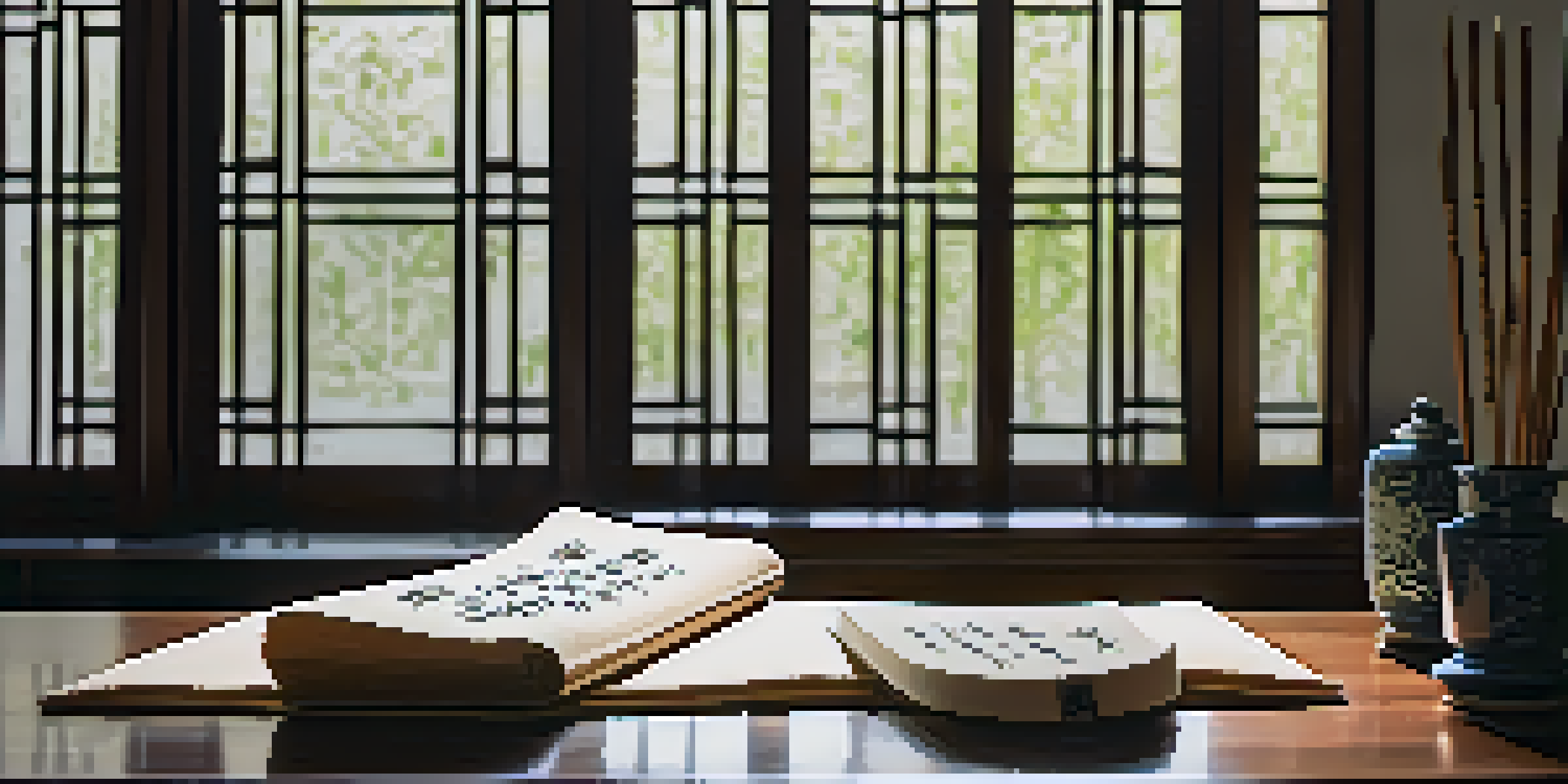 A serene workspace with a Chinese calligraphy setup, including a scroll with brush strokes, an ink stone, and a bamboo brush, illuminated by natural light.