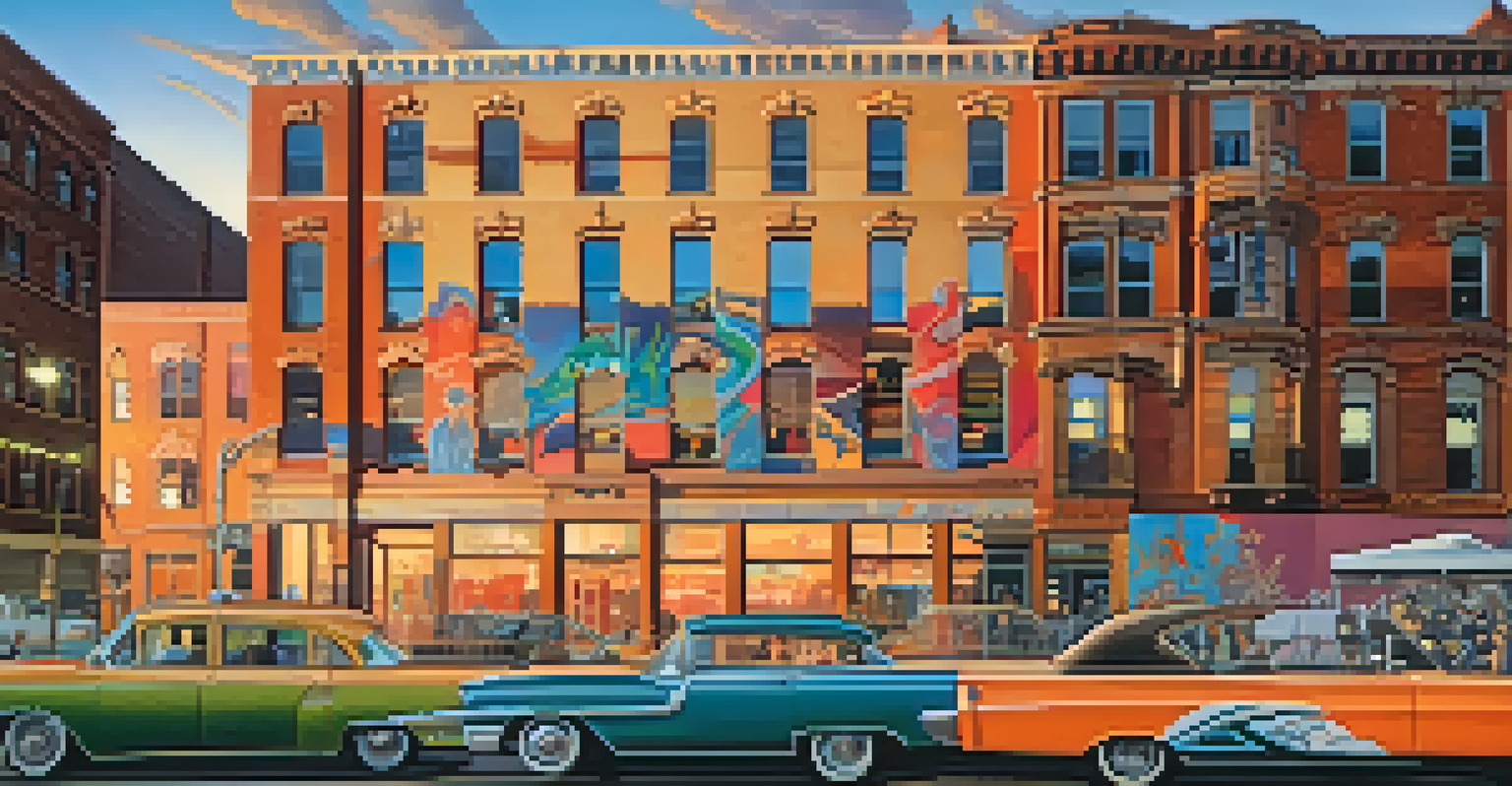 A city scene with a historic building beside a modern graffiti mural, both illuminated by the warm glow of sunset.