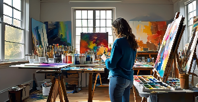 An artist's studio filled with paintbrushes and canvases, with sunlight streaming through the windows and an artist painting an abstract piece.