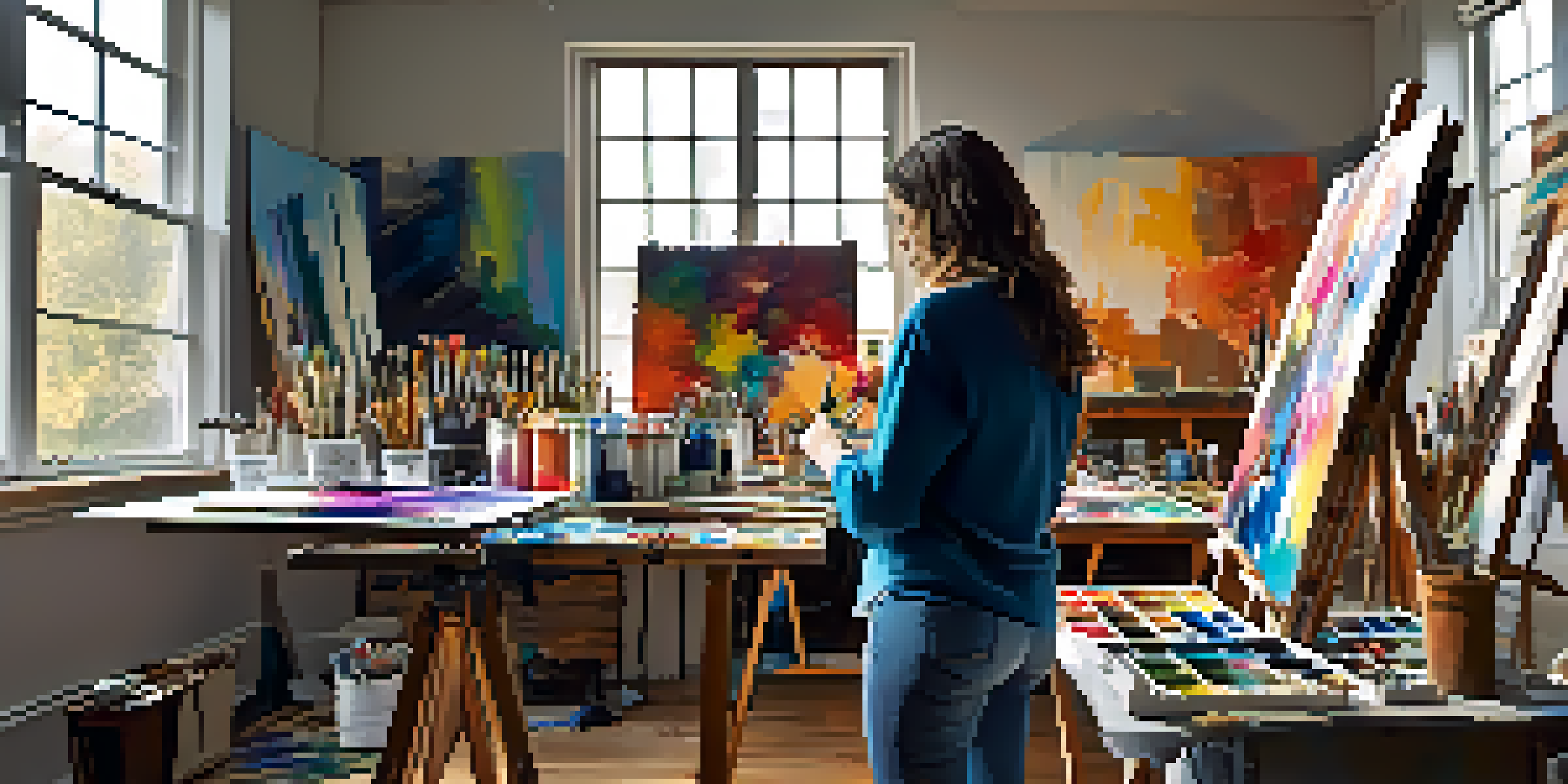 An artist's studio filled with paintbrushes and canvases, with sunlight streaming through the windows and an artist painting an abstract piece.