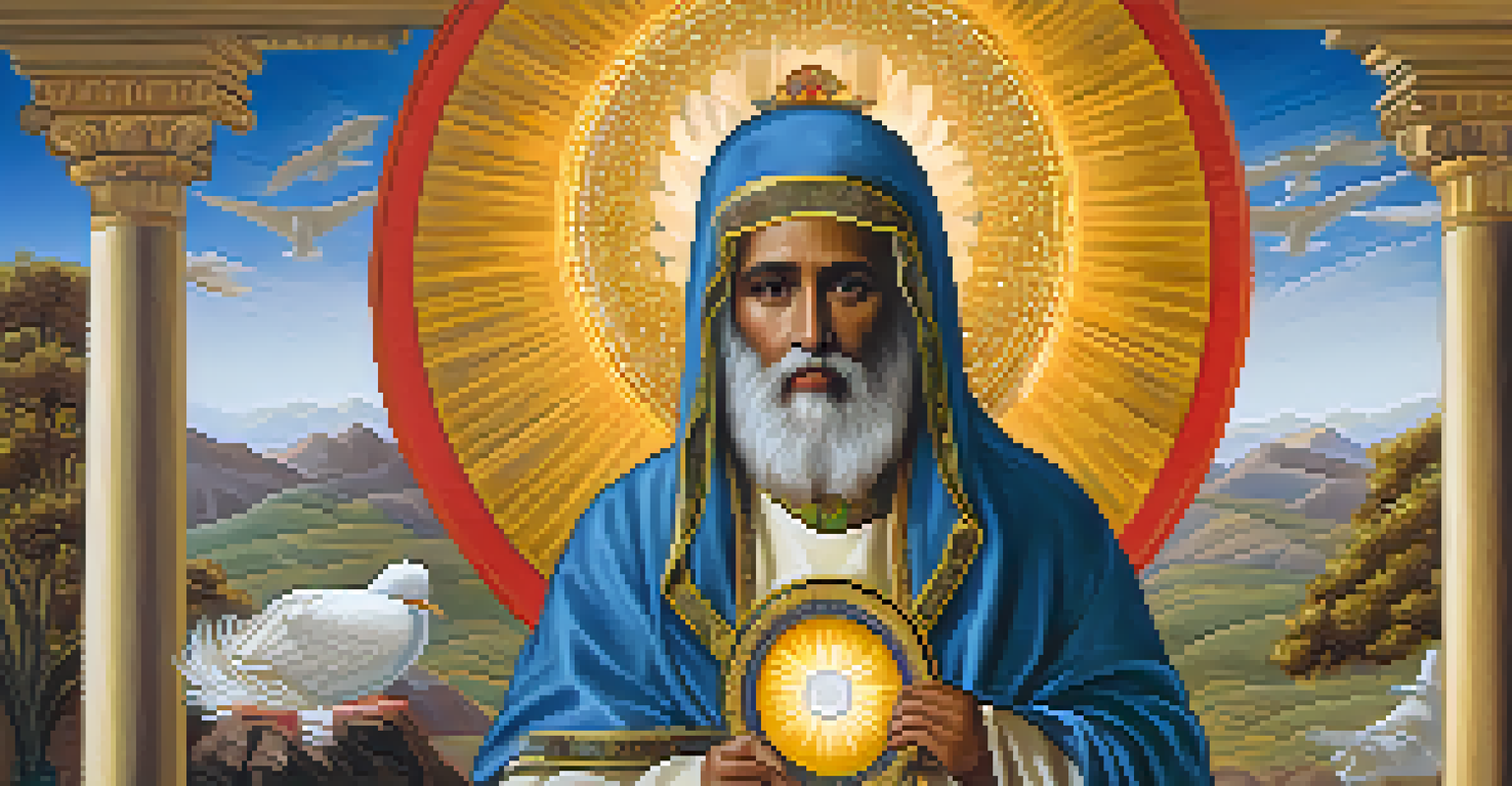 A saint with a glowing halo, surrounded by symbolic elements like lilies and doves, depicted in rich colors.