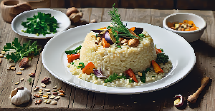 A gourmet dish of creamy risotto topped with roasted vegetables and herbs on a rustic wooden table, with natural lighting highlighting the textures.