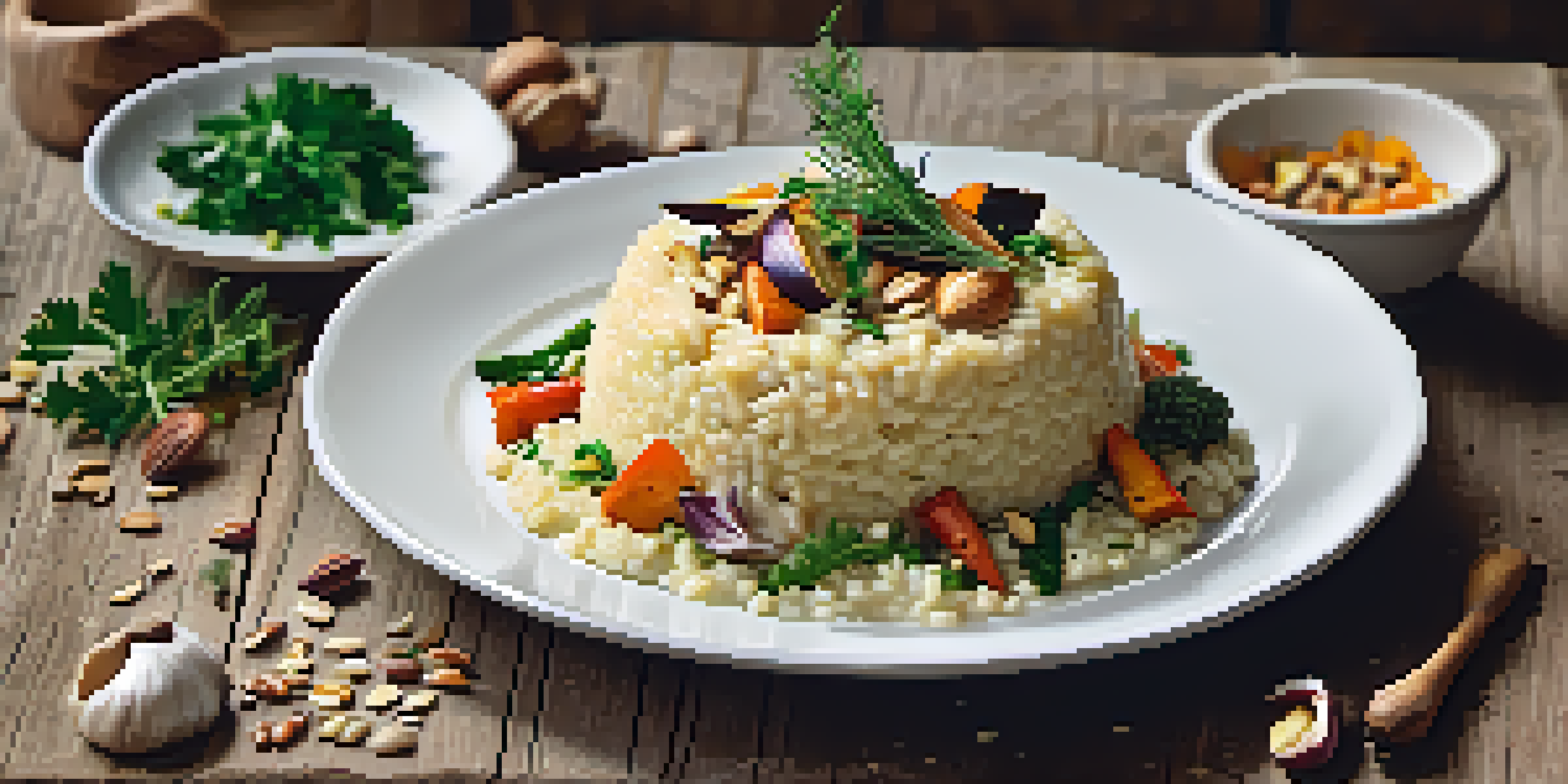 A gourmet dish of creamy risotto topped with roasted vegetables and herbs on a rustic wooden table, with natural lighting highlighting the textures.
