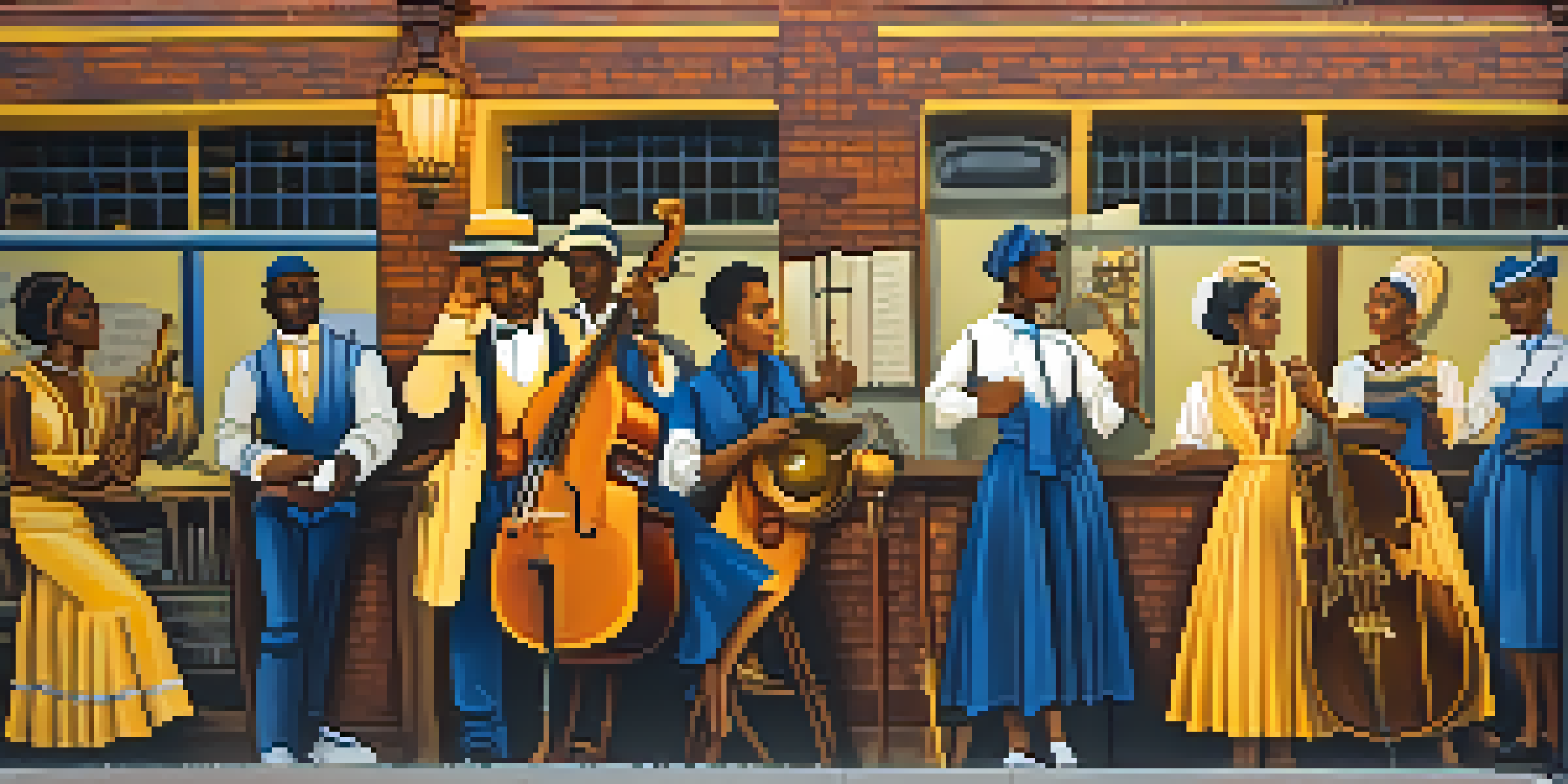 A colorful mural depicting a historical scene from the Harlem Renaissance, featuring figures in period clothing and musical instruments.