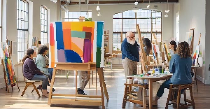 A group of diverse individuals engaged in a painting session in a bright art therapy studio, surrounded by art supplies and natural light.