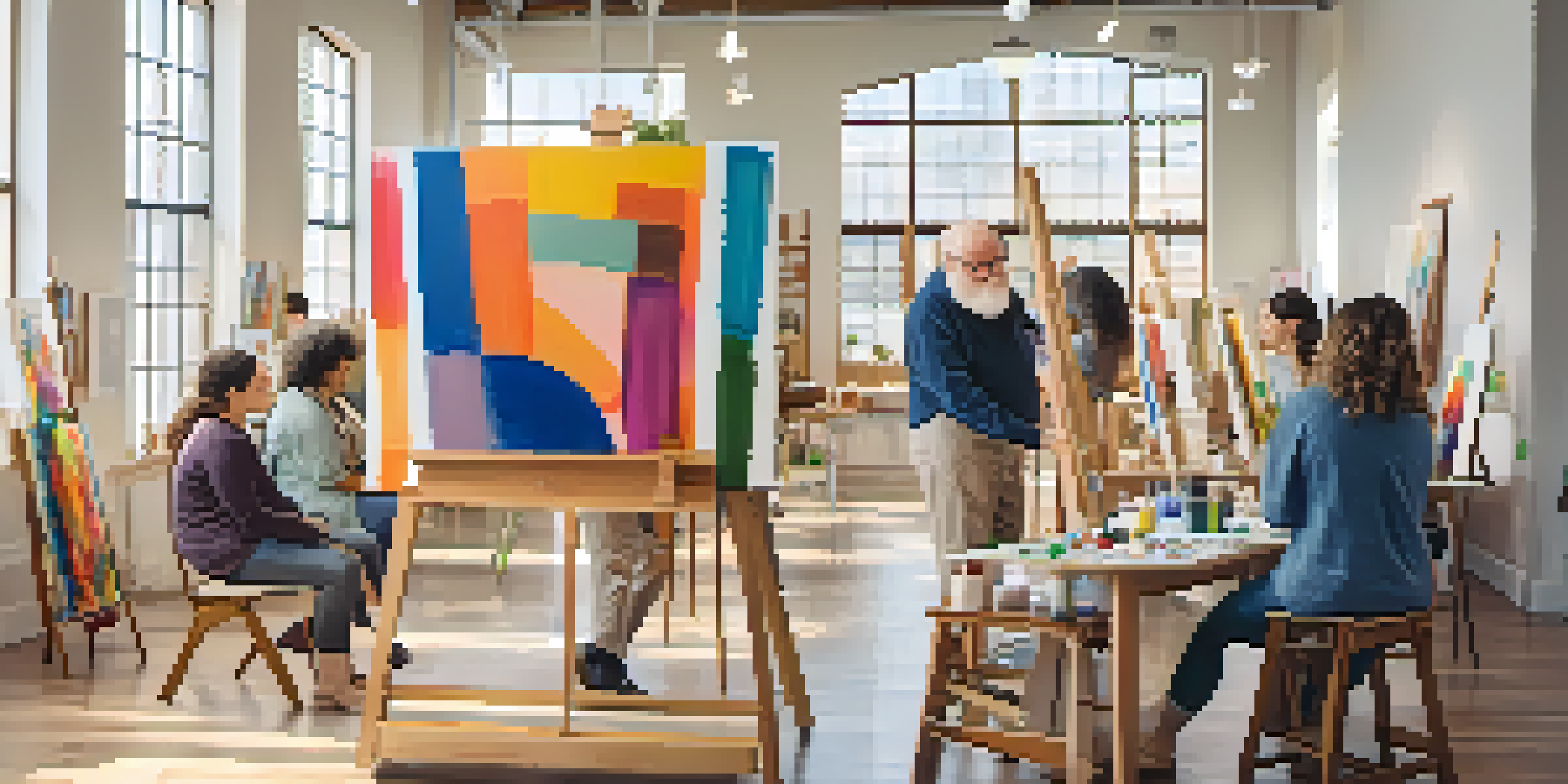 A group of diverse individuals engaged in a painting session in a bright art therapy studio, surrounded by art supplies and natural light.