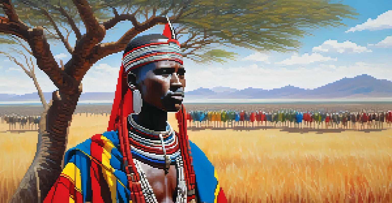 A Maasai warrior in colorful body paint during a ceremony, set against acacia trees.