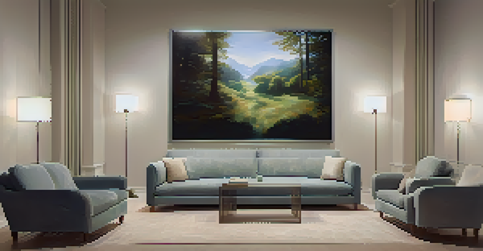 A cozy art installation showcasing a digital painting that transforms with viewer movement, set in a dimly lit room.