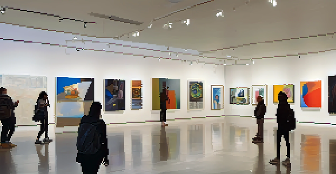 A contemporary art gallery filled with diverse artworks about race and identity, with visitors interacting with the pieces in a bright, inviting space.