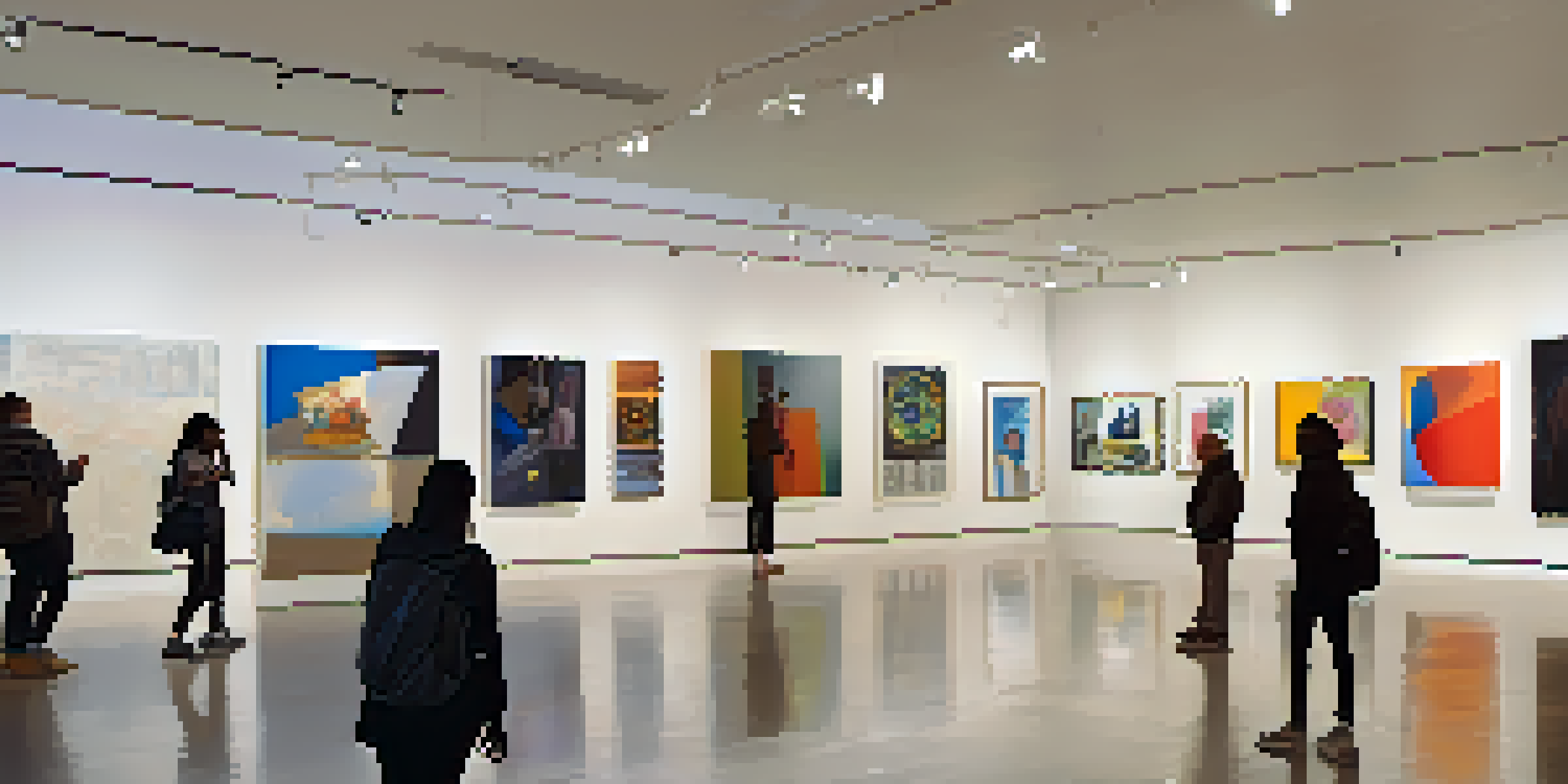 A contemporary art gallery filled with diverse artworks about race and identity, with visitors interacting with the pieces in a bright, inviting space.