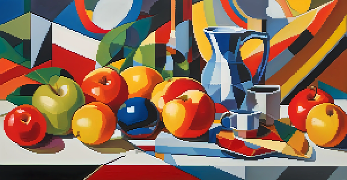 A colorful still life of fruits depicted in a Cubist style with geometric shapes and overlapping planes.
