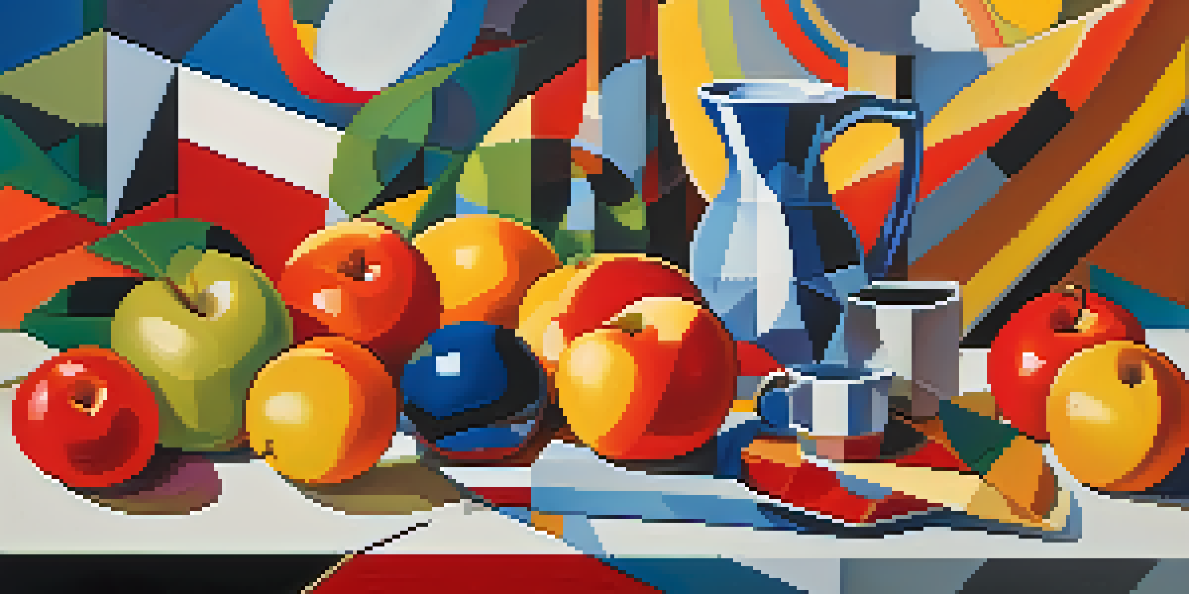 A colorful still life of fruits depicted in a Cubist style with geometric shapes and overlapping planes.